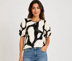 H&M Women’s Black Cream Abstract Puff Sleeve Top M NWT